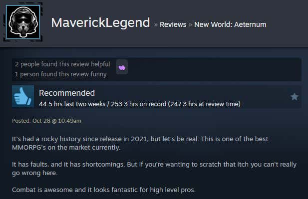 Image of the article titled New World: Eternal, as described in a Steam review